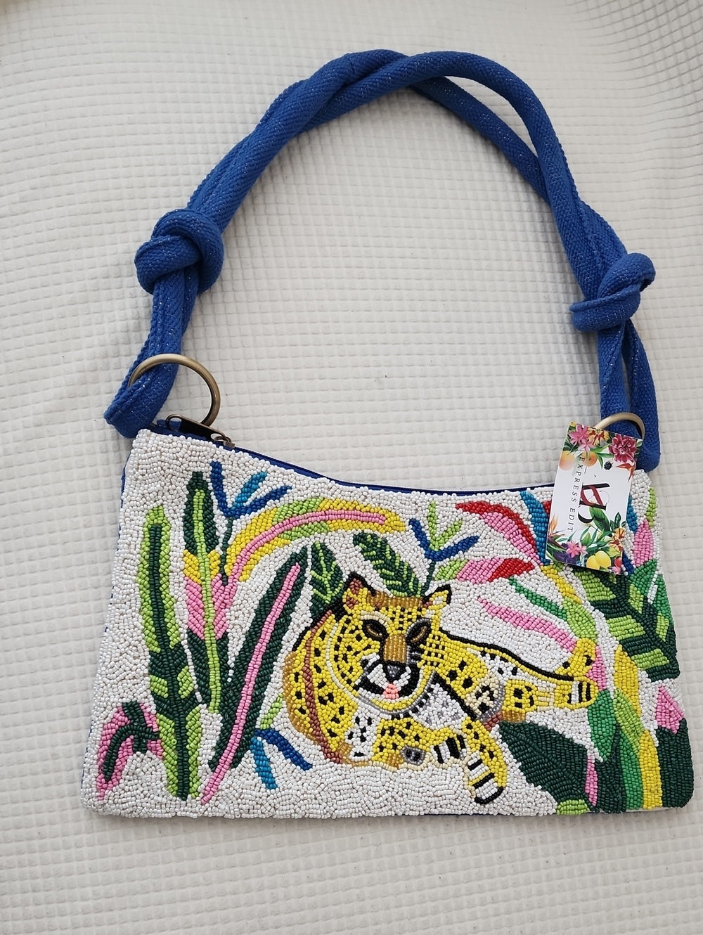 Beaded Leopard Shoulder Bag in White and Blue